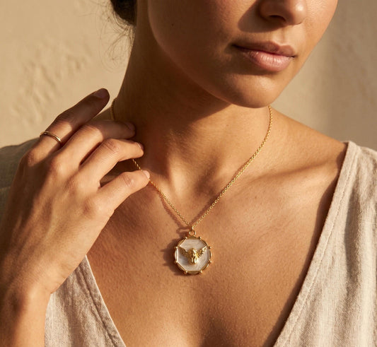 Angel Necklace Gold • Large Mother of Pearl Angel Coin • Guardian Angel Pendant Women • Cherub Medallion Necklace • Birthday Gift for her