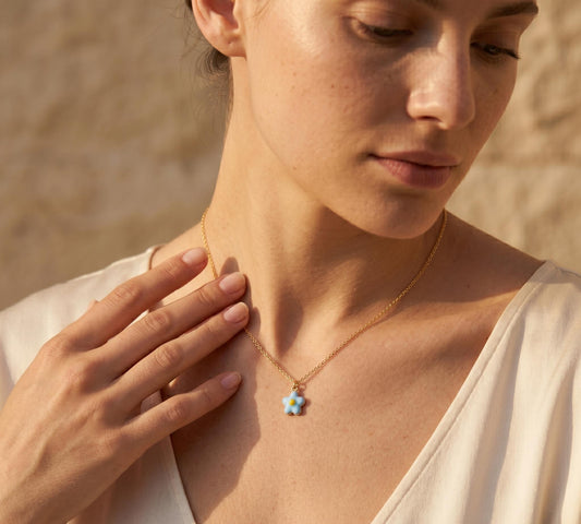 Blue Flower Necklace Gold • Summer Daisy Necklace Women • Blue Enamel Flower Pendant • Cute Beach Jewelry Gift • Birthday Gift for Her