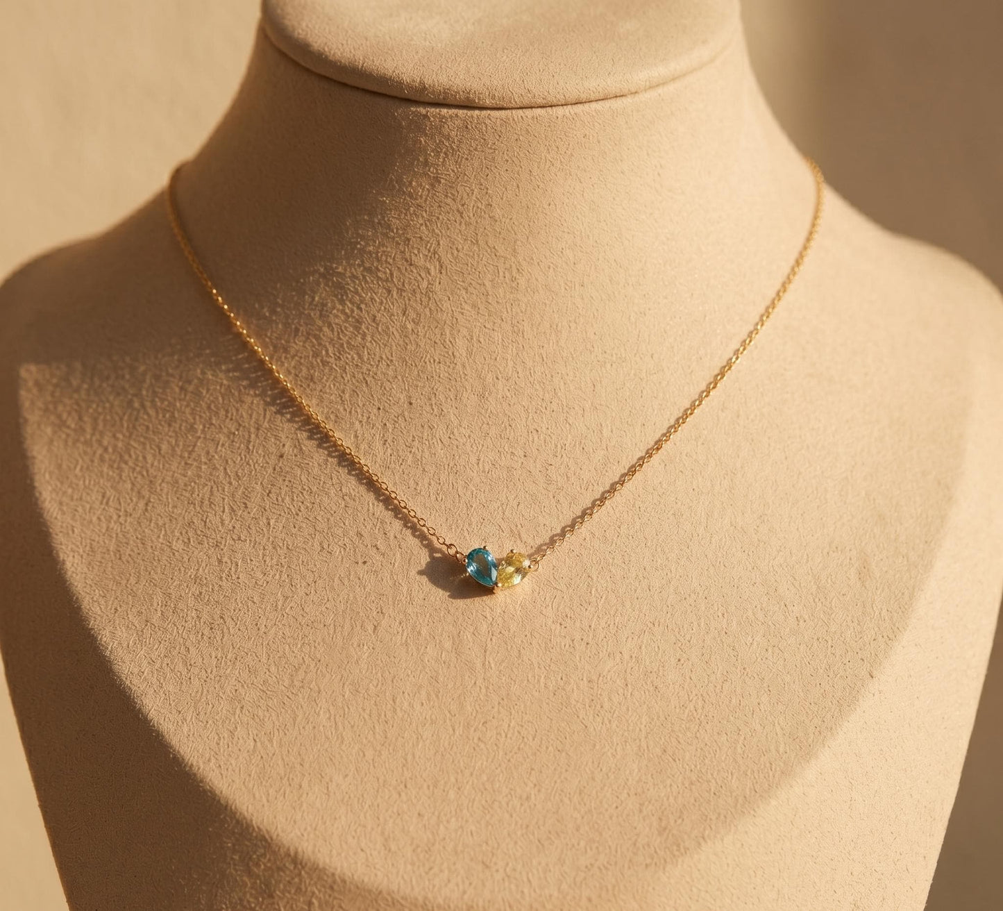 Double Heart Gemstone Necklace • Blue Topaz Necklace • Two Stone Heart Necklace Gold • Couples Birthstone Necklace • Birthday Gift for Her