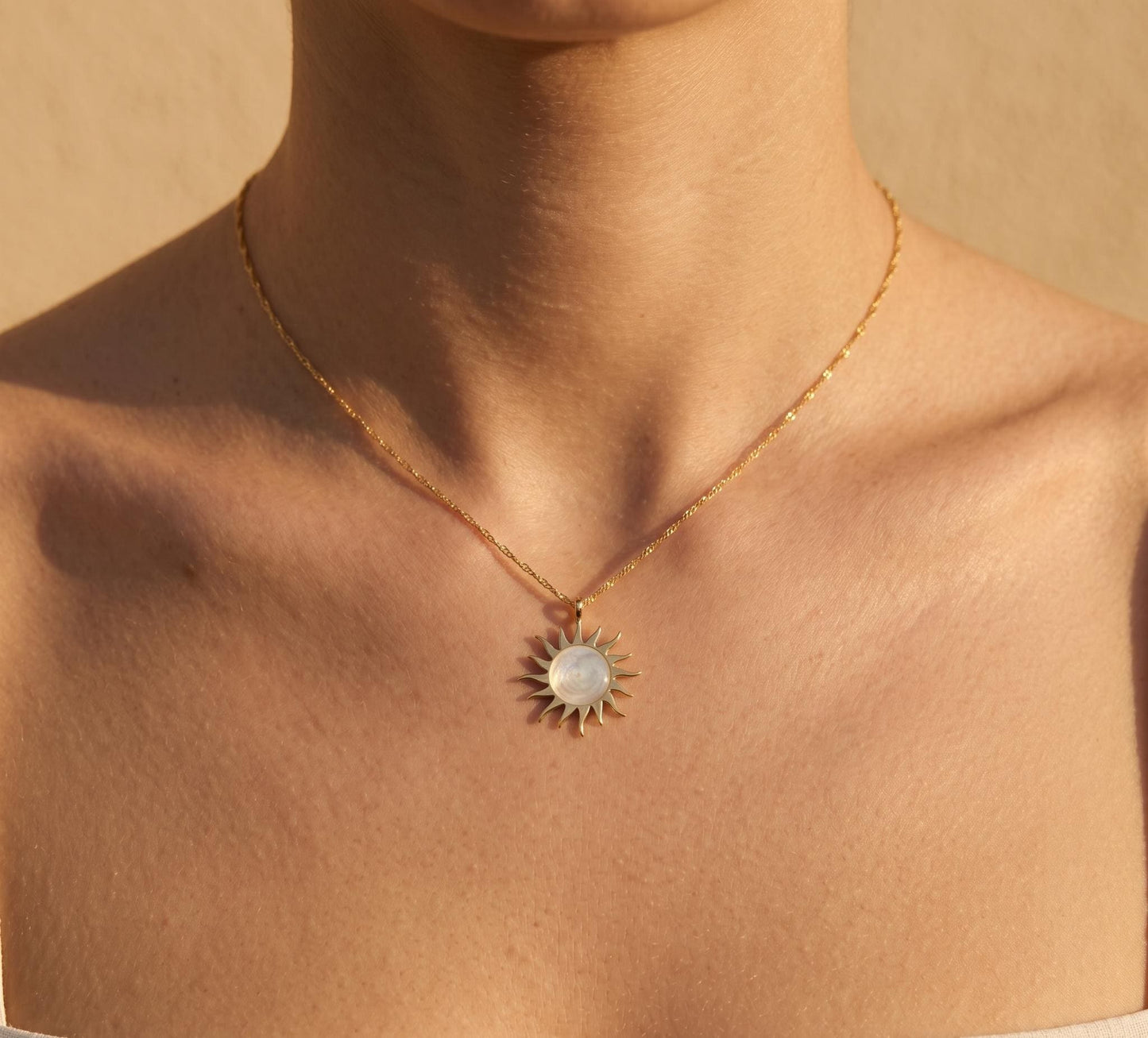 Sun Necklace Gold • Summer Moonstone Necklace • Sunburst Pendant Necklace • Boho Beach Jewelry Women • Birthday Gift for Her