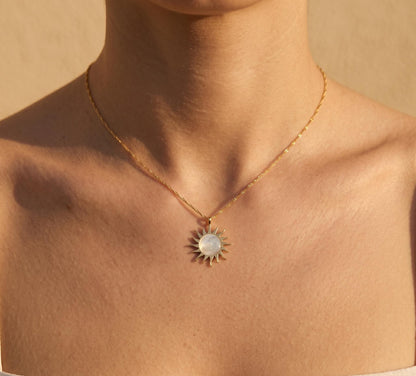 Sun Necklace Gold • Summer Moonstone Necklace • Sunburst Pendant Necklace • Boho Beach Jewelry Women • Birthday Gift for Her