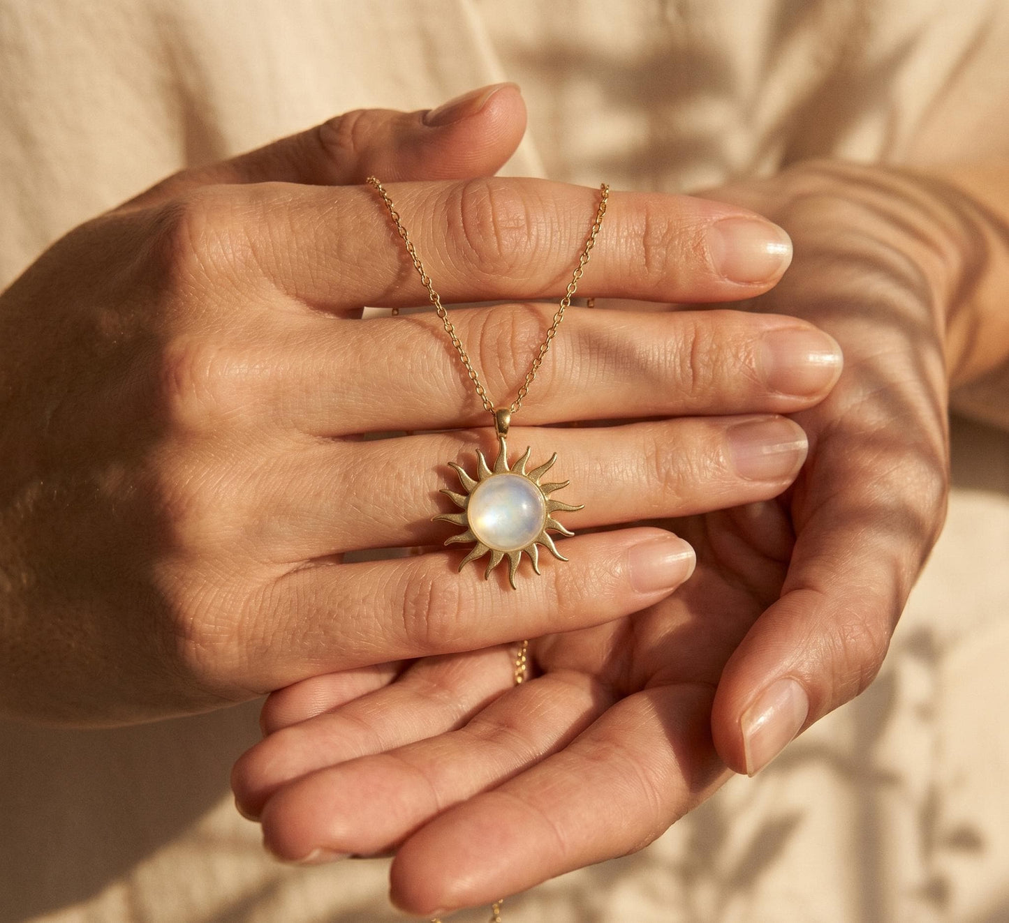 Sun Necklace Gold • Summer Moonstone Necklace • Sunburst Pendant Necklace • Boho Beach Jewelry Women • Birthday Gift for Her