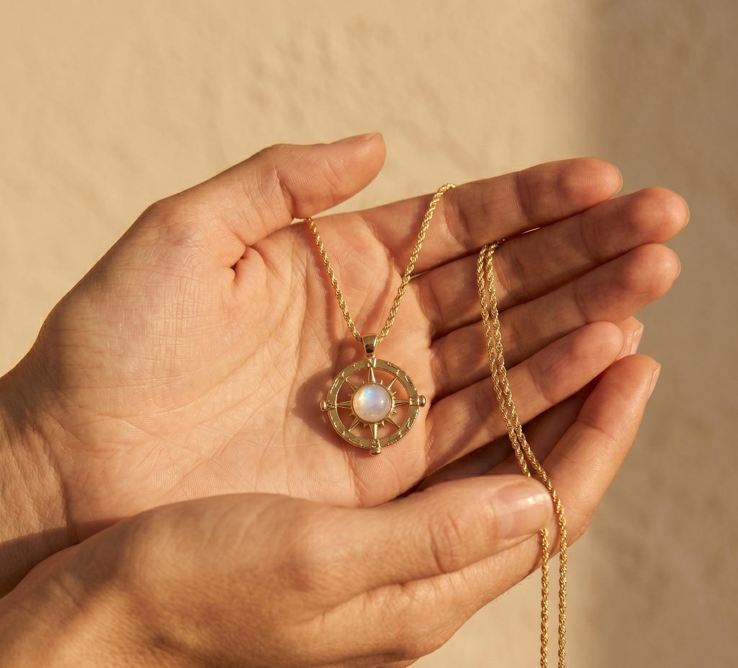 Compass Necklace Gold • Summer Vacation Necklace • Moonstone Nautical Pendant • Beach Travel Jewelry • Birthday Gift for Her