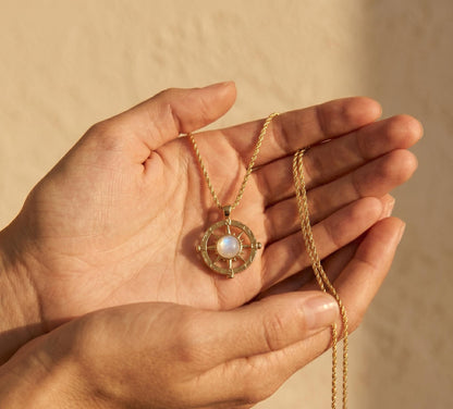Compass Necklace Gold • Summer Vacation Necklace • Moonstone Nautical Pendant • Beach Travel Jewelry • Birthday Gift for Her
