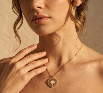 Compass Necklace Gold • Summer Vacation Necklace • Moonstone Nautical Pendant • Beach Travel Jewelry • Birthday Gift for Her