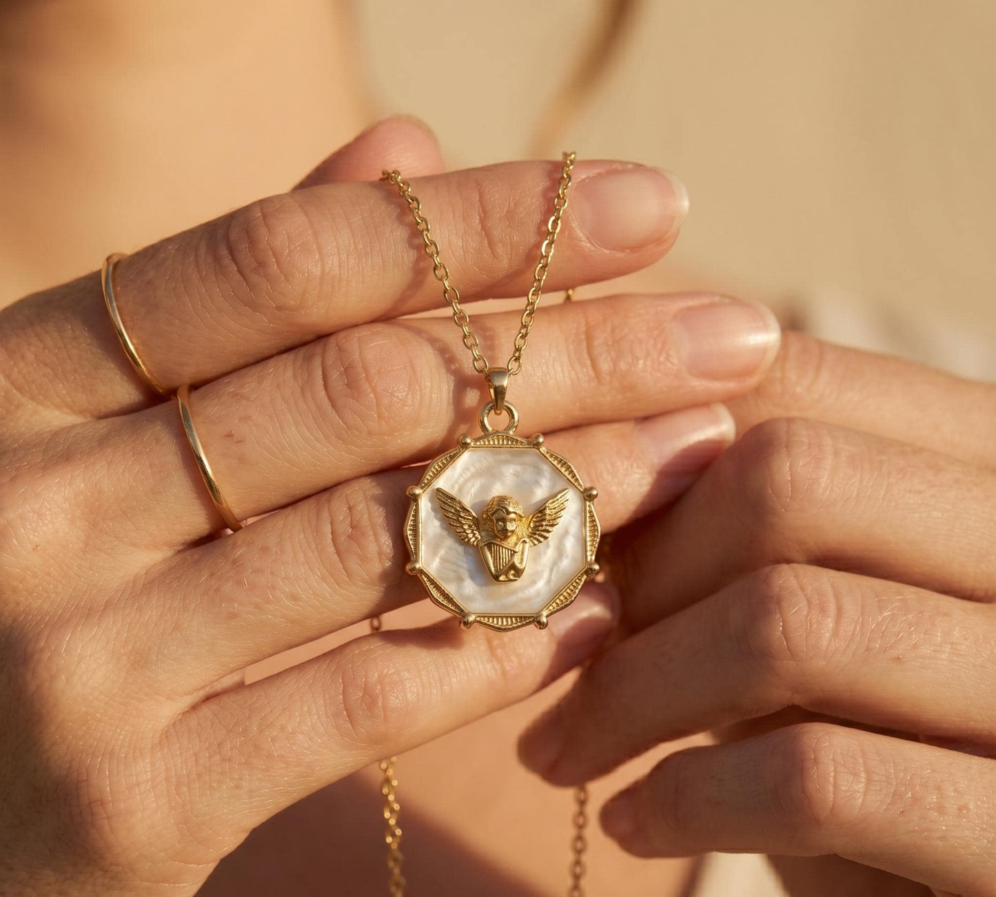 Angel Necklace Gold • Mother of Pearl Angel Pendant • Guardian Angel Necklace • Cherub Coin Necklace Women • Birthday Gift for Her