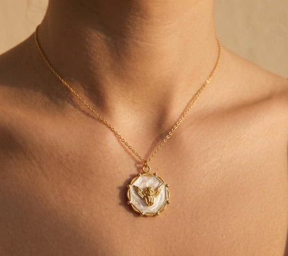Angel Necklace Gold • Mother of Pearl Angel Pendant • Guardian Angel Necklace • Cherub Coin Necklace Women • Birthday Gift for Her