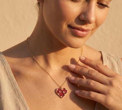 Red Enamel Heart Necklace Gold • Star Heart Pendant Necklace • Statement Heart Necklace • Valentines Necklace Women • Birthday Gift for Her