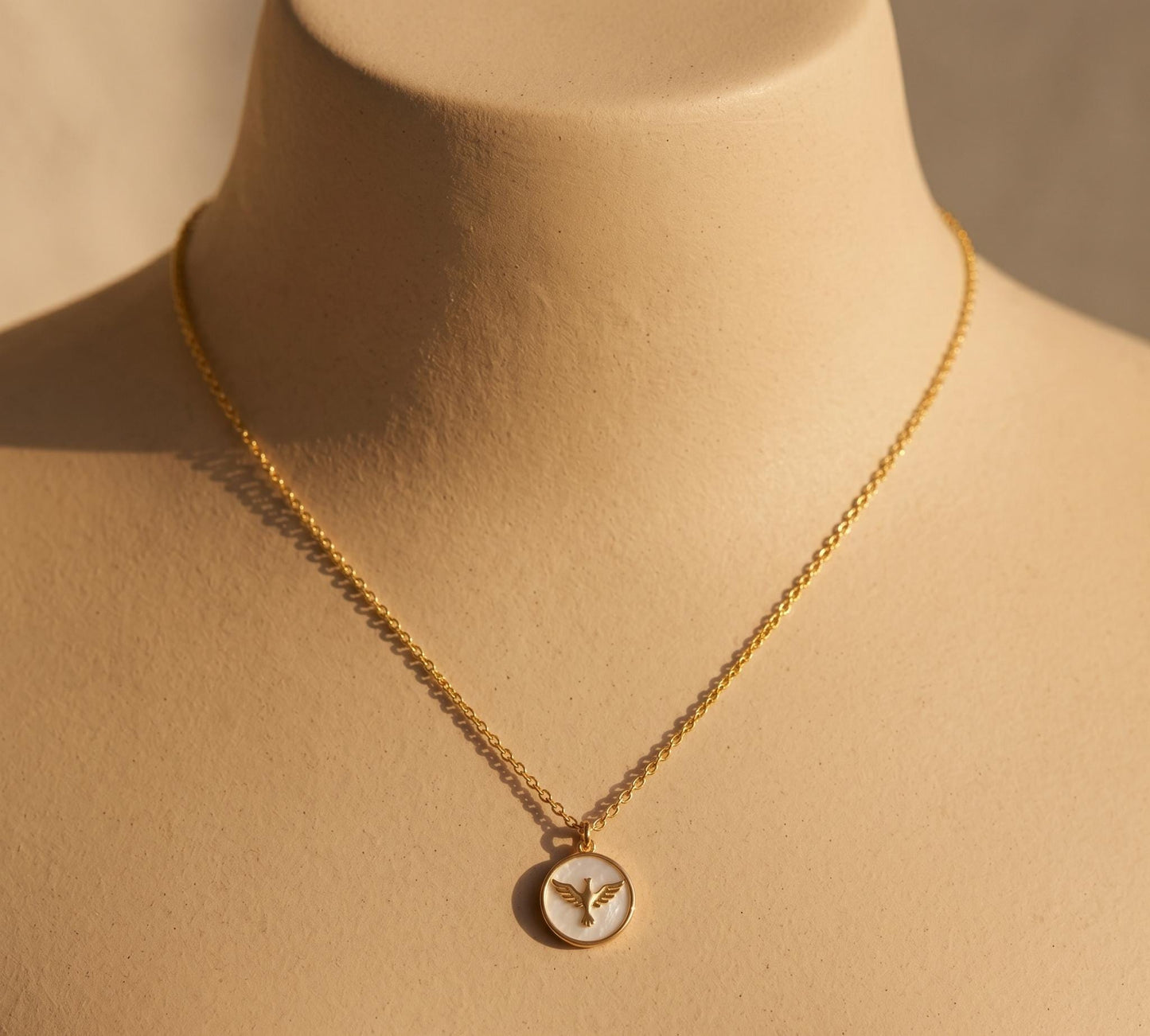 Bird Necklace Gold • Mother of Pearl Bird Coin Pendant  • Freedom Necklace Women • Flying Bird Charm Necklace • Birthday Gift for Her
