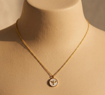 Bird Necklace Gold • Mother of Pearl Bird Coin Pendant  • Freedom Necklace Women • Flying Bird Charm Necklace • Birthday Gift for Her