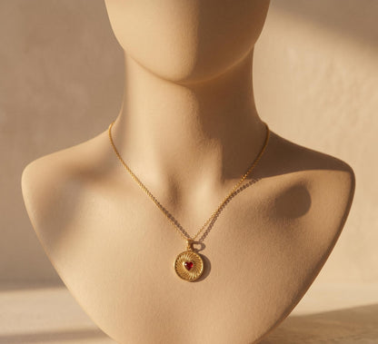 Garnet Heart Coin Necklace Gold• Ruby Heart Medallion Pendant• Vintage Coin Necklace Women • Sunburst Heart Necklace• Birthday Gift for Her