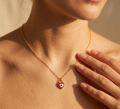 Evil Eye Heart Necklace Gold • Red Enamel Evil Eye Pendant • Heart Evil Eye Necklace • Protection Necklace Women • Birthday Gift for Her