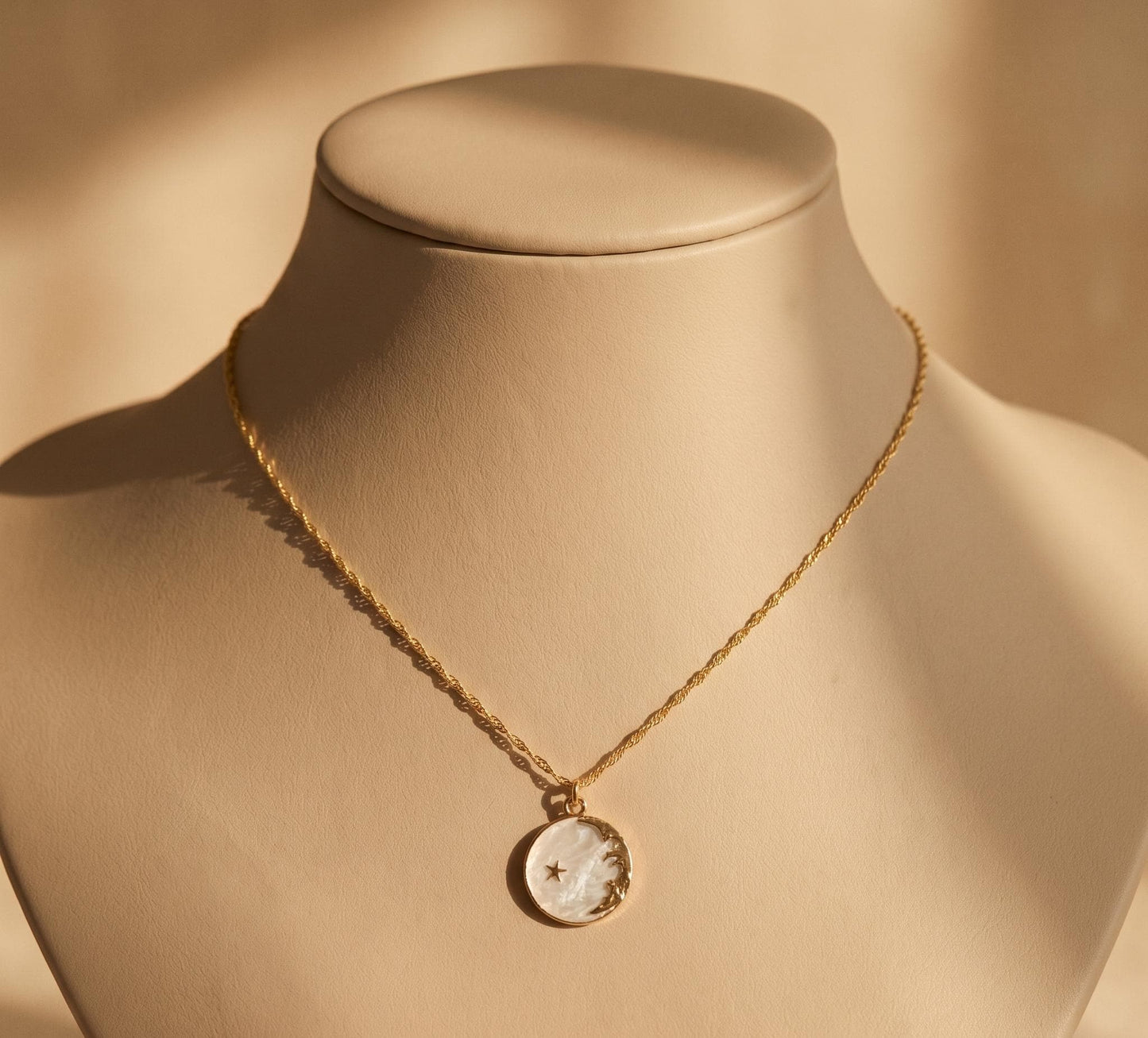 Moon Star Necklace Gold • Mother of Pearl Moon Pendant • Summer Celestial Necklace • Boho Beach Coin Necklace • Birthday Gift for Her