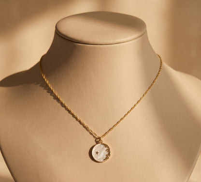 Moon Star Necklace Gold • Mother of Pearl Moon Pendant • Summer Celestial Necklace • Boho Beach Coin Necklace • Birthday Gift for Her