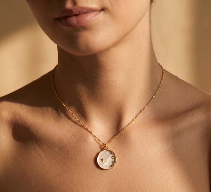 Moon Star Necklace Gold • Mother of Pearl Moon Pendant • Summer Celestial Necklace • Boho Beach Coin Necklace • Birthday Gift for Her