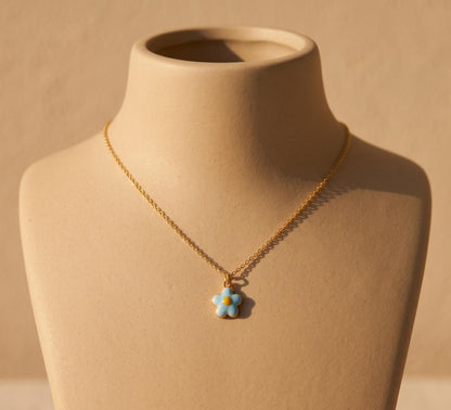 Blue Flower Necklace Gold • Summer Daisy Necklace Women • Blue Enamel Flower Pendant • Cute Beach Jewelry Gift • Birthday Gift for Her