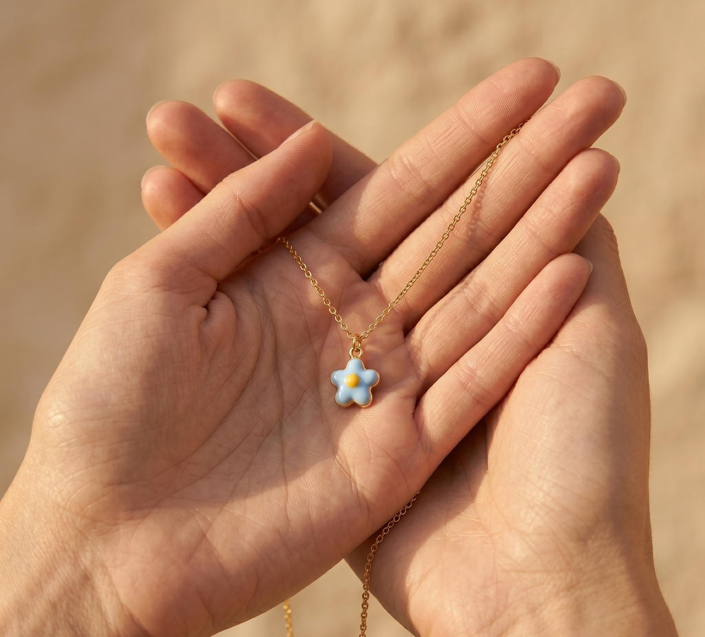 Blue Flower Necklace Gold • Summer Daisy Necklace Women • Blue Enamel Flower Pendant • Cute Beach Jewelry Gift • Birthday Gift for Her