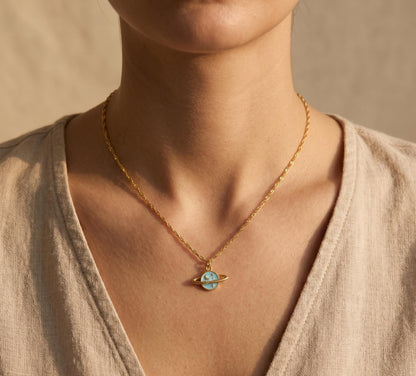 Saturn Necklace Gold • Summer Celestial Necklace Women • Blue Enamel Planet Pendant • Cute Space Jewelry Gift • Birthday Gift for Her