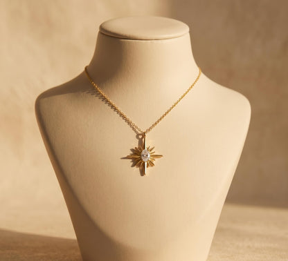North Star Necklace Gold • Summer Celestial Necklace • Crystal Starburst Pendant • Dainty Star Jewelry Women • Birthday Gift for Her