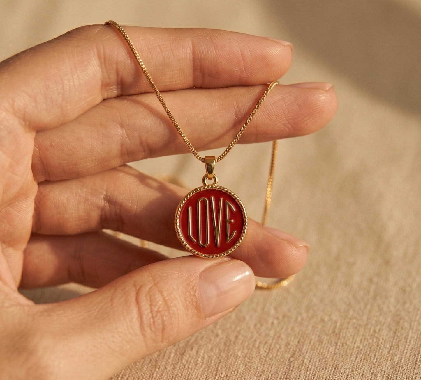 Love Necklace Gold • Red Enamel Love Coin Pendant • Summer Statement Necklace • Enamel Word Necklace Women • Birthday Gift for Her