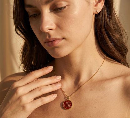 Love Necklace Gold • Red Enamel Love Coin Pendant • Summer Statement Necklace • Enamel Word Necklace Women • Birthday Gift for Her