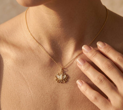 Lotus Necklace Gold • Mother of Pearl Lotus Pendant • Summer Spiritual Necklace • Yoga Meditation Jewelry Women • Birthday Gift for