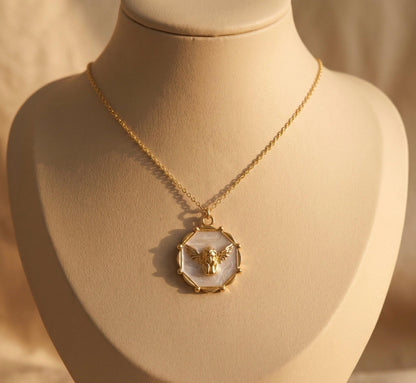 Angel Necklace Gold  • Large Mother of Pearl Angel Coin • Guardian Angel Pendant Women  • Cherub Medallion Necklace • Birthday Gift for her