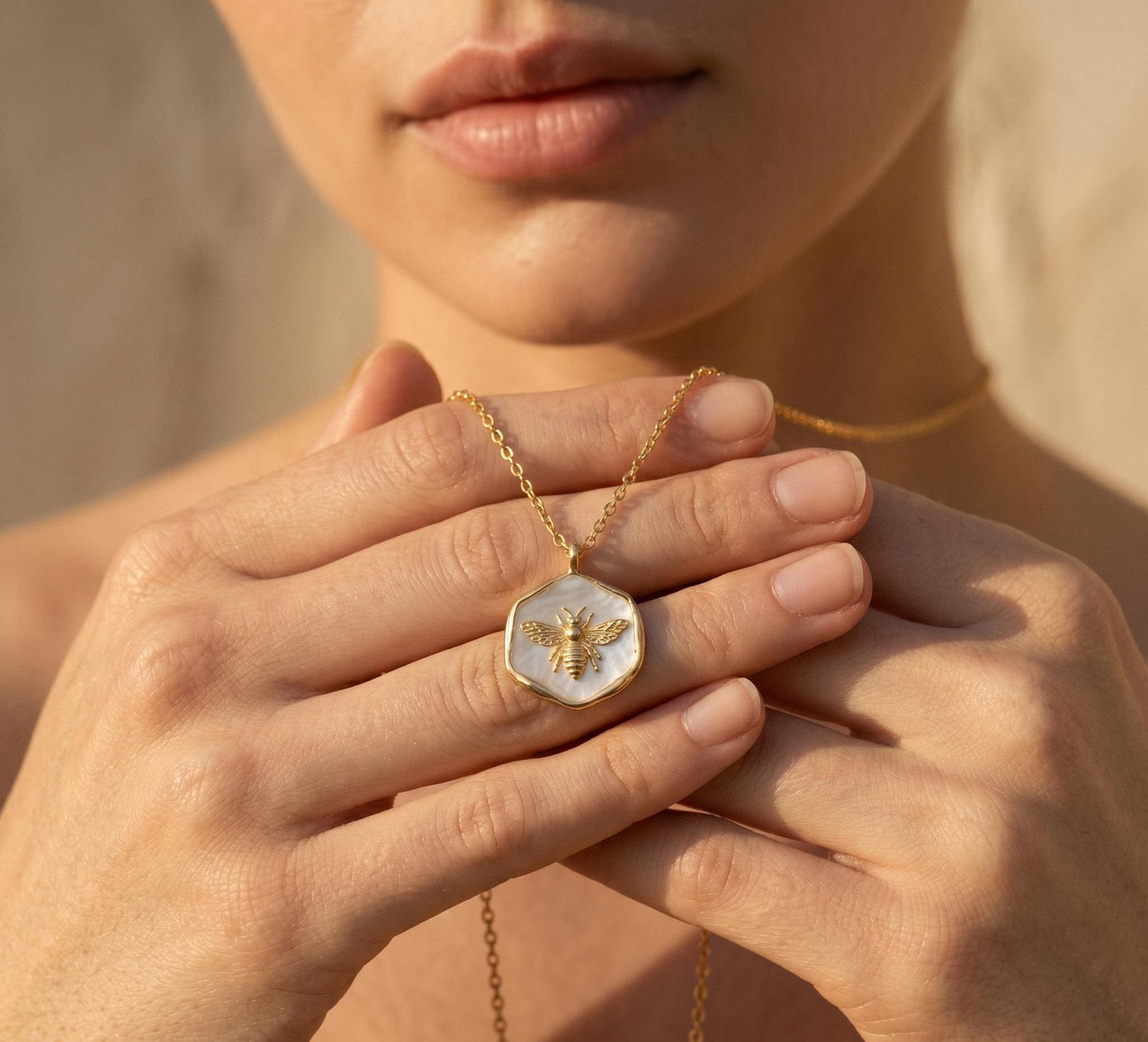 Bee Necklace Gold • Mother of Pearl Bee Pendant • Hexagon Necklace Women • Dainty Bee Jewelry • Birthday Gift for Her