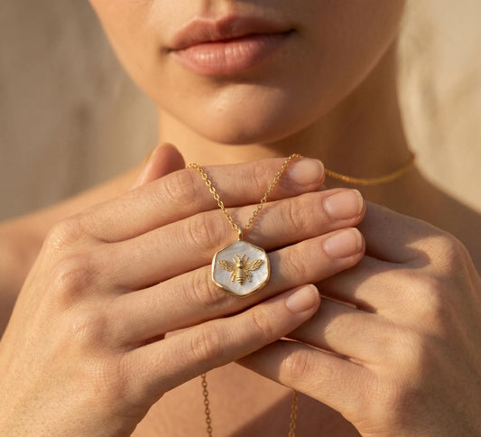 Bee Necklace Gold • Mother of Pearl Bee Pendant • Hexagon Necklace Women • Dainty Bee Jewelry • Birthday Gift for Her