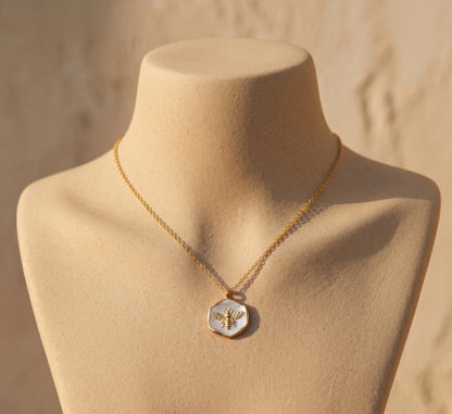 Bee Necklace Gold • Mother of Pearl Bee Pendant • Hexagon Necklace Women • Dainty Bee Jewelry • Birthday Gift for Her