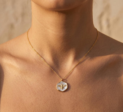 Bee Necklace Gold • Mother of Pearl Bee Pendant • Hexagon Necklace Women • Dainty Bee Jewelry • Birthday Gift for Her