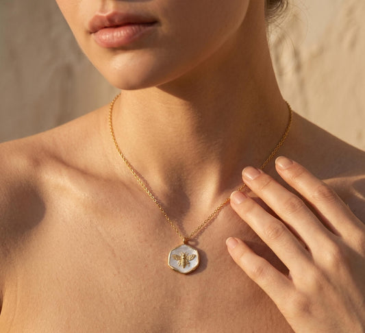 Bee Necklace Gold • Mother of Pearl Bee Pendant • Hexagon Necklace Women • Dainty Bee Jewelry • Birthday Gift for Her