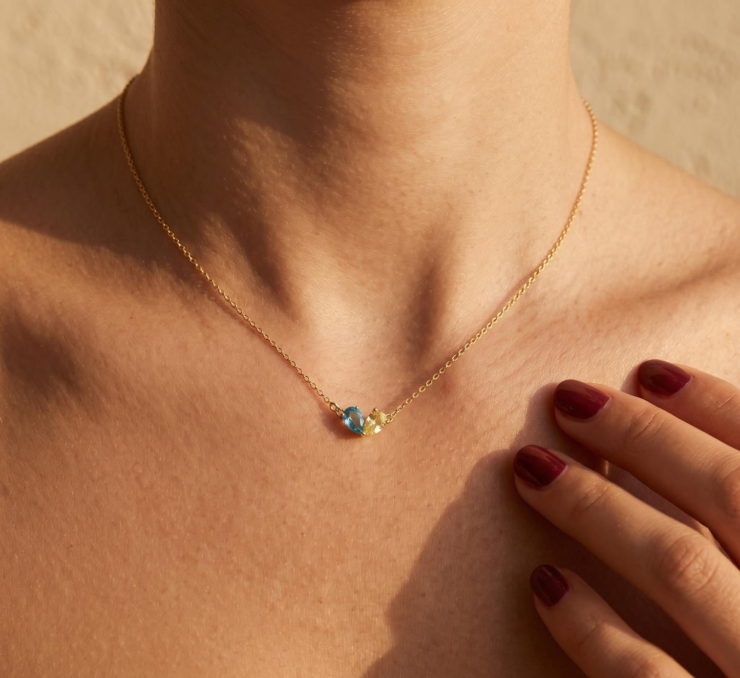 Double Heart Gemstone Necklace • Blue Topaz Necklace • Two Stone Heart Necklace Gold • Couples Birthstone Necklace • Birthday Gift for Her