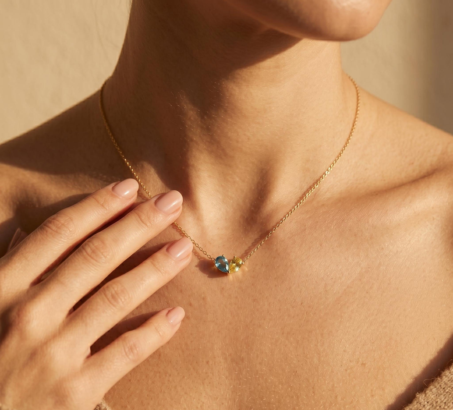 Double Heart Gemstone Necklace • Blue Topaz Necklace • Two Stone Heart Necklace Gold • Couples Birthstone Necklace • Birthday Gift for Her