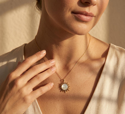 Sun Necklace Gold • Summer Moonstone Necklace • Sunburst Pendant Necklace • Boho Beach Jewelry Women • Birthday Gift for Her
