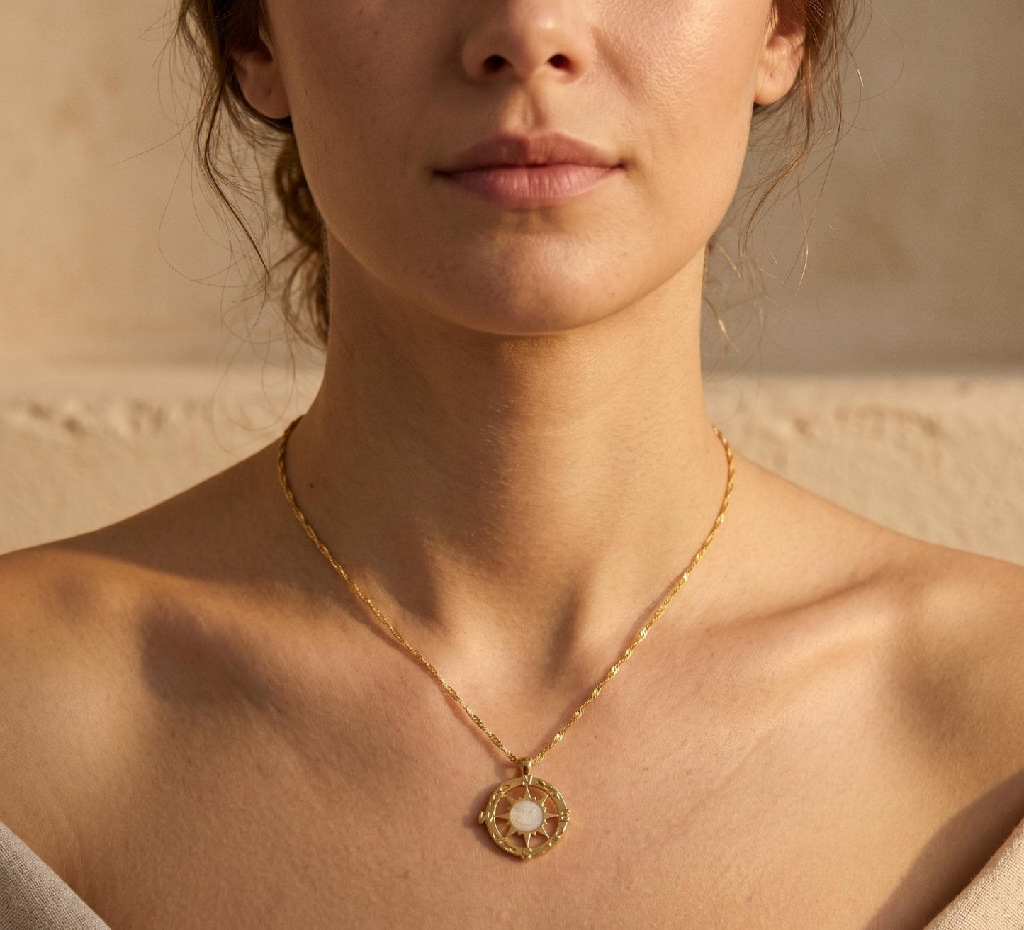Compass Necklace Gold • Summer Vacation Necklace • Moonstone Nautical Pendant • Beach Travel Jewelry • Birthday Gift for Her