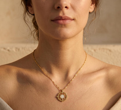 Compass Necklace Gold • Summer Vacation Necklace • Moonstone Nautical Pendant • Beach Travel Jewelry • Birthday Gift for Her