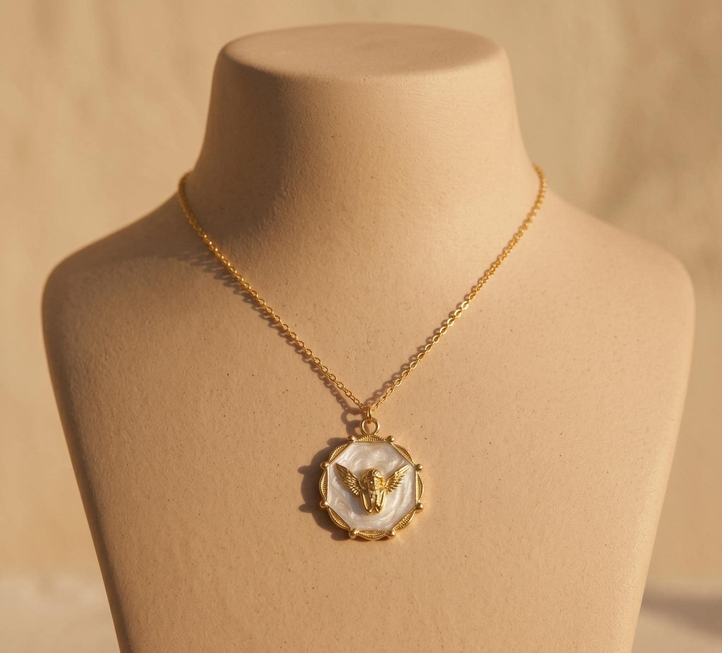 Angel Necklace Gold • Mother of Pearl Angel Pendant • Guardian Angel Necklace • Cherub Coin Necklace Women • Birthday Gift for Her