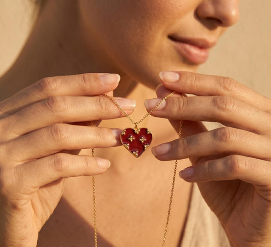 Red Enamel Heart Necklace Gold • Star Heart Pendant Necklace • Statement Heart Necklace • Valentines Necklace Women • Birthday Gift for Her
