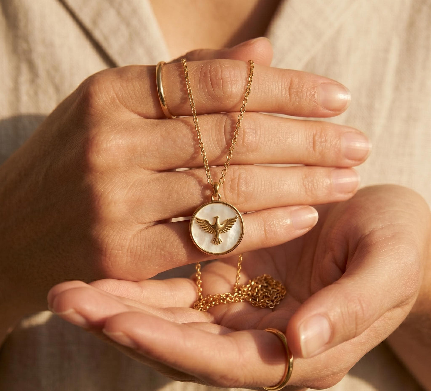 Bird Necklace Gold • Mother of Pearl Bird Coin Pendant  • Freedom Necklace Women • Flying Bird Charm Necklace • Birthday Gift for Her