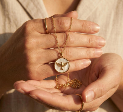 Bird Necklace Gold • Mother of Pearl Bird Coin Pendant  • Freedom Necklace Women • Flying Bird Charm Necklace • Birthday Gift for Her