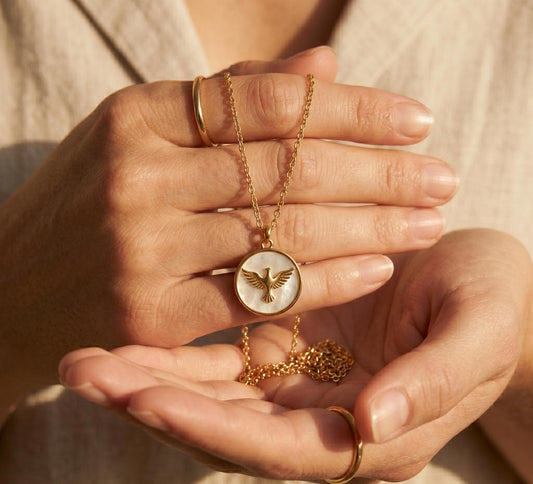 Bird Necklace Gold • Mother of Pearl Bird Coin Pendant  • Freedom Necklace Women • Flying Bird Charm Necklace • Birthday Gift for Her