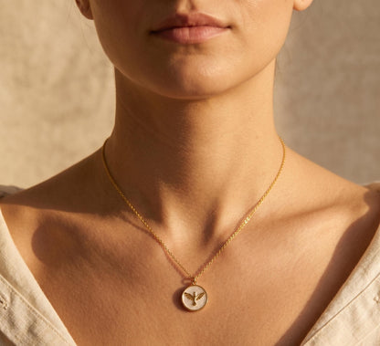 Bird Necklace Gold • Mother of Pearl Bird Coin Pendant  • Freedom Necklace Women • Flying Bird Charm Necklace • Birthday Gift for Her