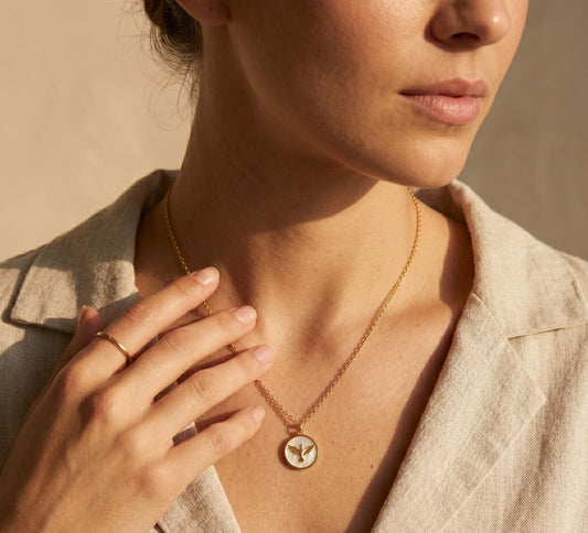 Bird Necklace Gold • Mother of Pearl Bird Coin Pendant  • Freedom Necklace Women • Flying Bird Charm Necklace • Birthday Gift for Her