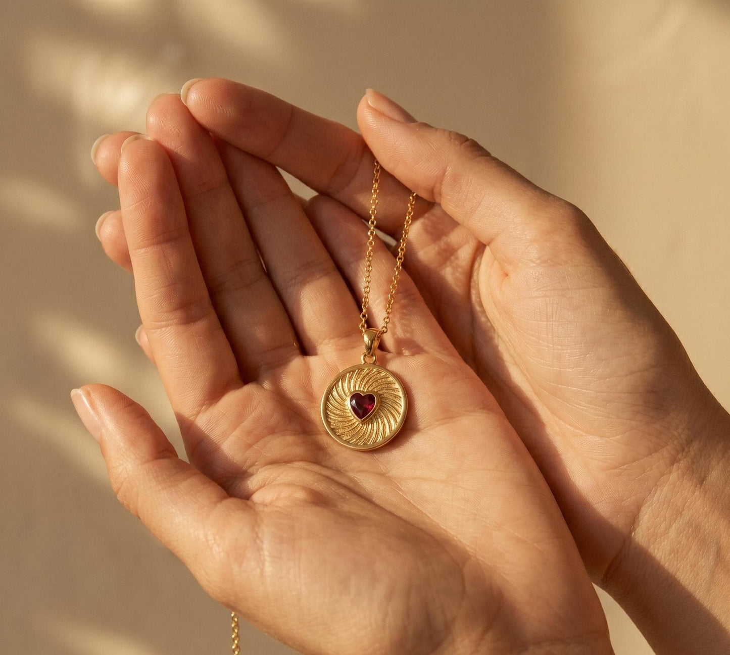 Garnet Heart Coin Necklace Gold• Ruby Heart Medallion Pendant• Vintage Coin Necklace Women • Sunburst Heart Necklace• Birthday Gift for Her