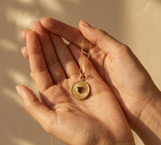 Garnet Heart Coin Necklace Gold• Ruby Heart Medallion Pendant• Vintage Coin Necklace Women • Sunburst Heart Necklace• Birthday Gift for Her