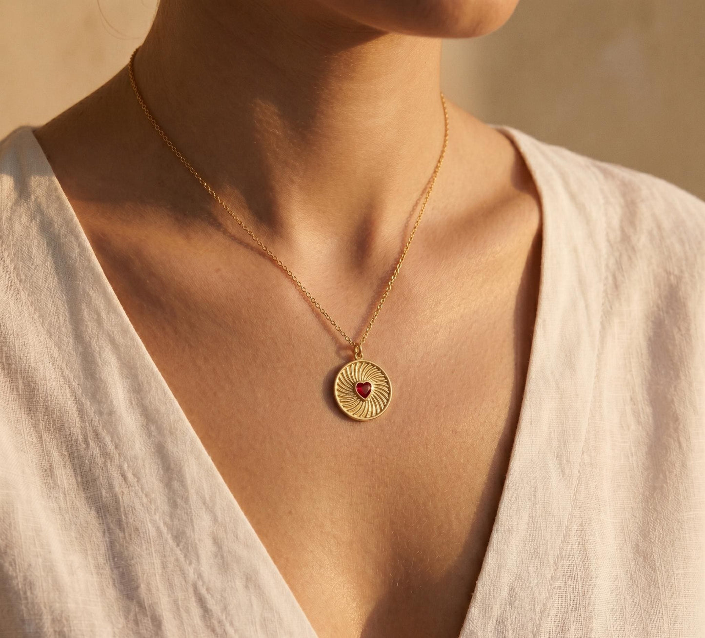 Garnet Heart Coin Necklace Gold• Ruby Heart Medallion Pendant• Vintage Coin Necklace Women • Sunburst Heart Necklace• Birthday Gift for Her