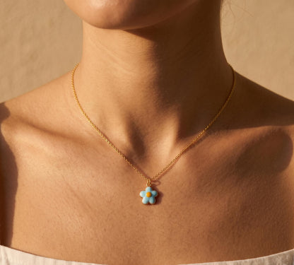 Blue Flower Necklace Gold • Summer Daisy Necklace Women • Blue Enamel Flower Pendant • Cute Beach Jewelry Gift • Birthday Gift for Her