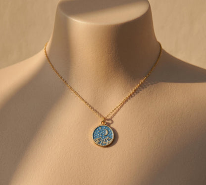 Mountain Necklace Gold • Summer Nature Necklace Women • Blue Enamel Moon Star Pendant • Boho Outdoor Jewelry Gift • Birthday Gift for Her