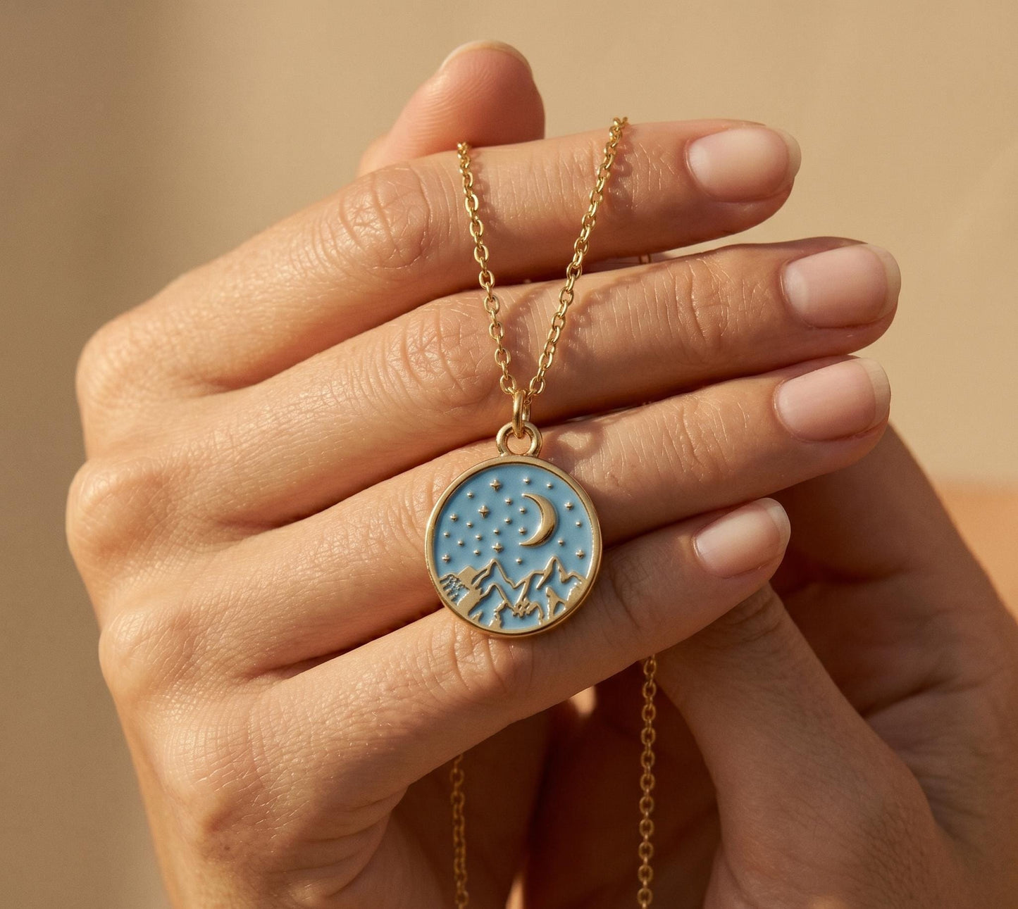 Mountain Necklace Gold • Summer Nature Necklace Women • Blue Enamel Moon Star Pendant • Boho Outdoor Jewelry Gift • Birthday Gift for Her